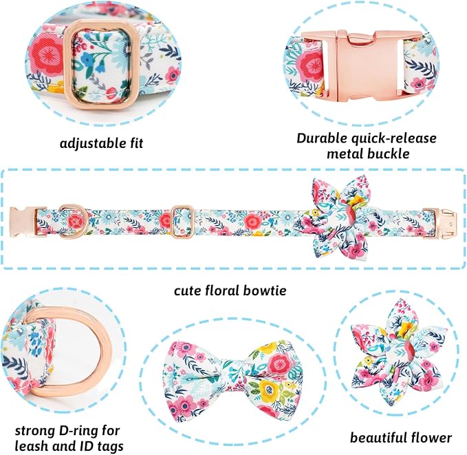 Dog Collar and Leash Set Girls Adjustable Puppy Collars with Floral Bow Tie for Small Medium Large Female Dogs, Teal Flower, L