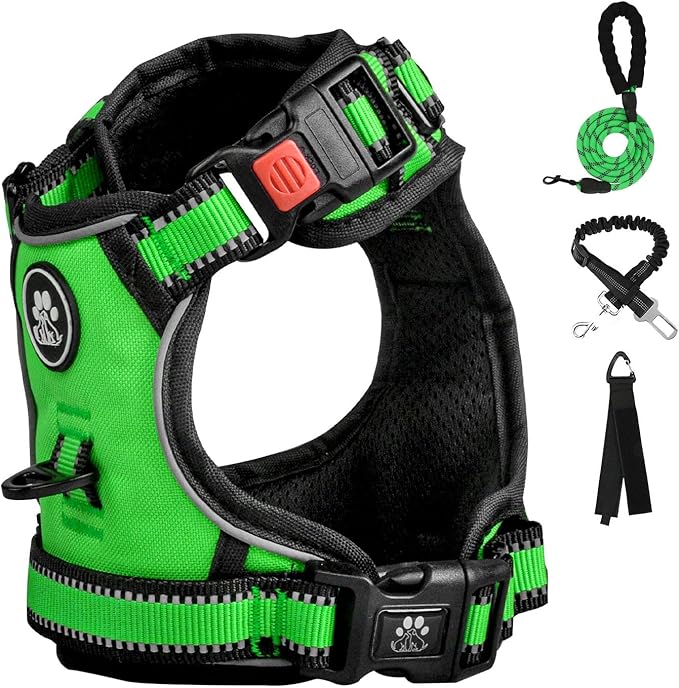 FURRYFECTION Plaid Dog Harness for Medium Dogs, Reflective No Pull Adjustable Pet Vest with Front Clip, Leash, Easy Control Handle and Seat Belt, Green, M