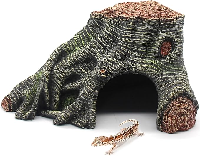 Reptile Hideouts Cave Habitat Decor, Hollow Tree Climing Ramp Basking Platform for Reptiles, Amphibians, Fish Tanks and Leopard Gecko, Snake, Lizard