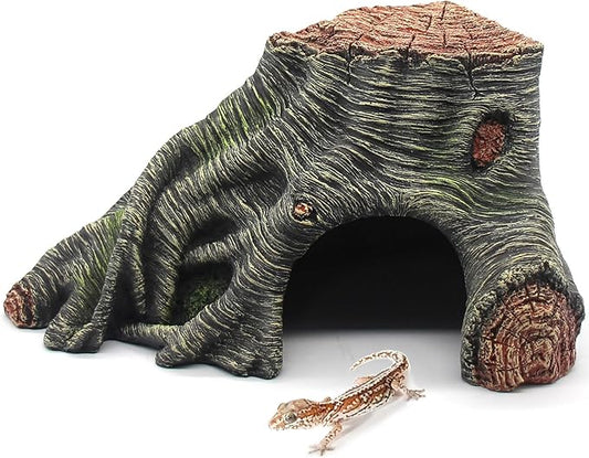 Reptile Hideouts Cave Habitat Decor, Hollow Tree Climing Ramp Basking Platform for Reptiles, Amphibians, Fish Tanks and Leopard Gecko, Snake, Lizard