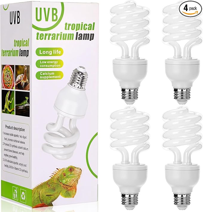 Reginary 4 Pcs UVB Reptile Light 5.0 26W Tropical and Sub-Tropical UVA UVB Bulb Compact Fluorescent Lamp Tropical Terrarium Lamp for Chameleons, Lizards, Tortoises, Snakes, Iguanas & Turtles