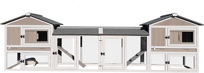 Gowoodhut Rabbit Hutch Indoor Outdoor Bunny Cage with Pull Out Tray,2 Story Wooden Rabbit Cage with Weatherproof Asphalt Roof,Guinea Pig Cage with Ventilation Doors,Ramp for Small Animals 114" L Grey