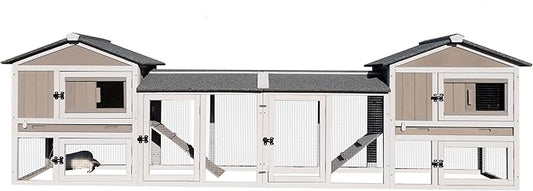Gowoodhut Rabbit Hutch Indoor Outdoor Bunny Cage with Pull Out Tray,2 Story Wooden Rabbit Cage with Weatherproof Asphalt Roof,Guinea Pig Cage with Ventilation Doors,Ramp for Small Animals 114" L Grey