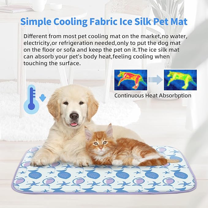 NWK Pet Cooling Mat -Q-Max>0.345 Ice Silk Cooling Mat for Dogs & Cats Portable & Washable Pet Cooling Blanket, Car Seats, Beds for Summer (Purple Fish, 27'' X 20'' X 0.3'')