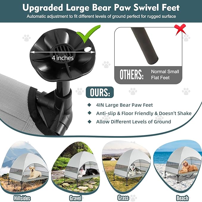 Upgraded Elevated Dog Bed with Canopy, Portable Raised Outdoor Dog Bed with Stable Anti-Slip Feet, Removable Wider Shade, Raised Dogs Cot for Large Pets Camping, Indoor & Outdoor Use
