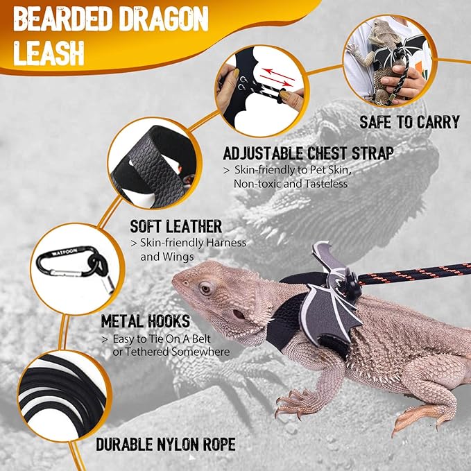 WATFOON Adjustable Lizard Leather Leash Harness and Bearded Dragon Carrier Sling, Reptile Small Pet Training Leashes and Beardie Snuggle Bag for Outdoor Travel(XL Grey Sling)