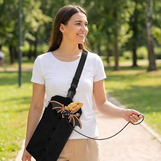Bearded Dragon Carrier Sling & Leash Harness Set, Adjustable Flannel Lizard Travel Bag & Bat Wing Leash with 3 Size Pads, Reptile Outdoor Walking Accessories for Geckos (Black)