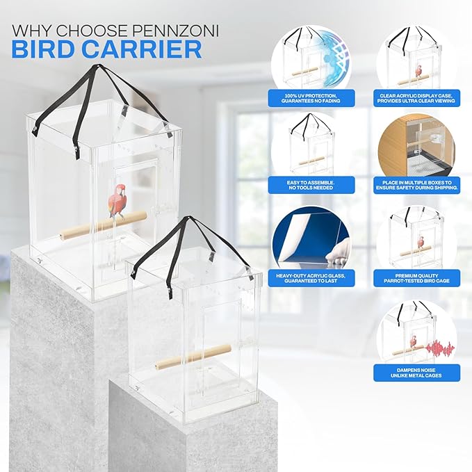 PENNZONI Medium Bird Carrier Display Case, Crystal Clear Acrylic Bird Travel Cage with Feeder Bowls