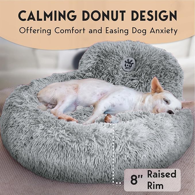 PetJett Calming Dog Bed Medium Size Dog - 30'' Donut Bed, Washable Dog Bed - Anti-Slip Super Soft Fluffy Plush Round Bed, Anti-Anxiety Premium Comfort Pet Bed, Fits Dogs up to 45 lbs - Bright Grey