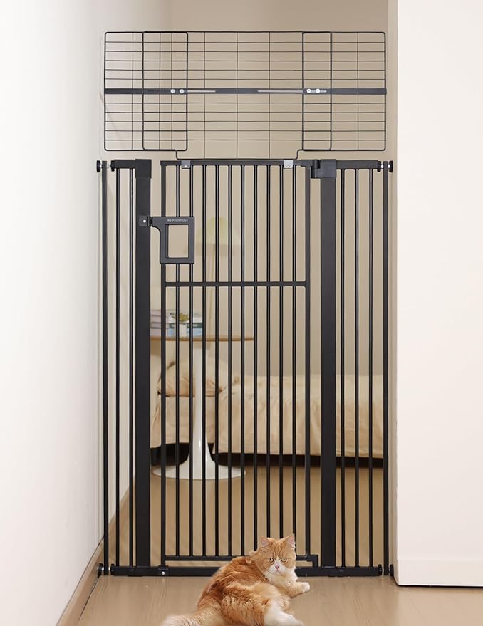 No Pawblems 71" Extra Tall Pet Gate for Cat, 29-43" Auto Close Cat Gate for Doorways/Stairs/Hallways, NO Drilling Pressure Mounted Tall Dog Gate Indoor, 1.37" Pet-Safe Gap, Black