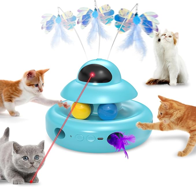 MOHAYA Cat Toys,4-in-1 Automatic Kitten Toy for Bored Indoor Adult Cats,lectric Flying Butterfly,Whack a Mole,Feather Track Balls,Blue by Unknown