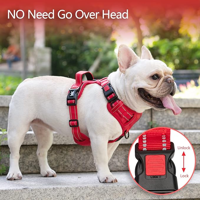 PoyPet No Pull Dog Harness, No Choke Reflective Dog Vest, Adjustable Pet Harnesses with Easy Control Padded Handle for Small Medium Large Dogs(Red Matching Trim,XL)