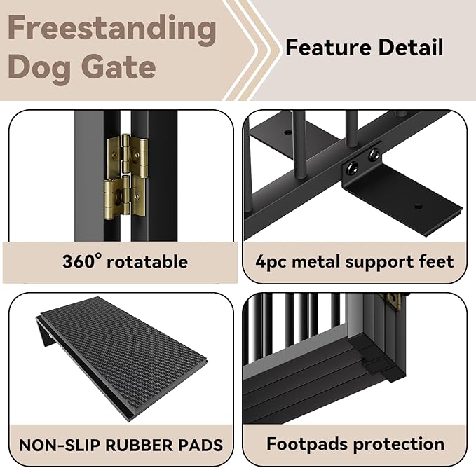 SNUOWU Full Metal Freestanding Dog Gate with Door, 32''Height Foldable Pet Dog Fence for Indoor & Outdoor, 3 Panels Extra Wide Free Standing TallDog Gates for Doorways,House,Stairs,Porch,Deck,Yard