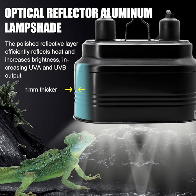 MECESOR Dual Reptile Lamp Fixture with Independent Switches, UVB & Basking Bulb Holder for Glass Terrarium Habitat - Reptile Light Fixture for Bearded Dragons,Turtles,Snakes & Lizards