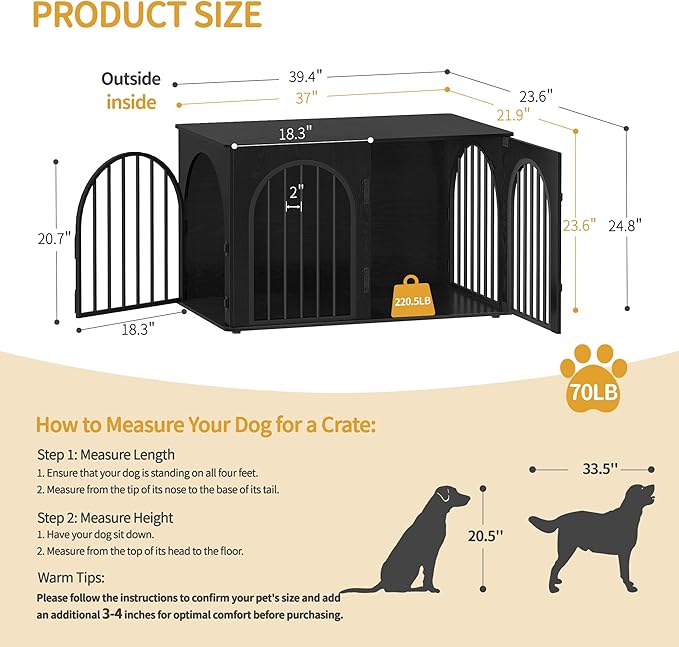 Hzuaneri 39.4" Wooden Dog Crate Furniture, Indoor Dog Kennel Dogs Cage for Small/Medium/Large Dogs, Heavy Duty Dog Crates Decorative Pet House End Side Table TV Stand, Black DFC84104B