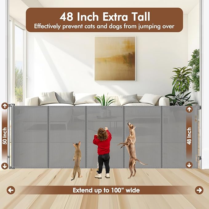 Reinforced 48" Extra Tall X 100" Extra Large Baby Gates for Wide Openings Long Dog Gate for Doorway Mesh Gates for Pets Retractable Dog Gate Indoor/Outdoor Tall Baby Gate for Cats, Gray