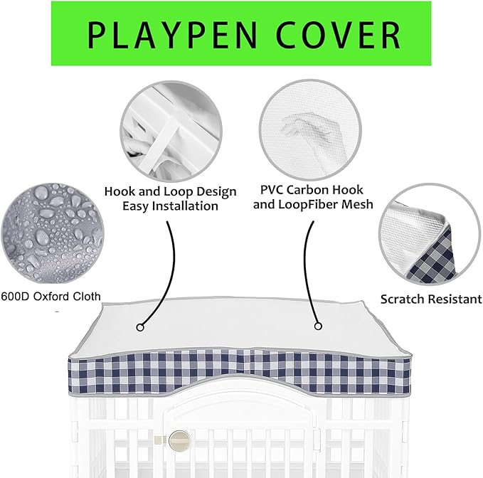 2 Pack Dog Playpen Cover and Bottom Pad Fits for 36 Inch 4 Panels Pet Playpen, Dog Crate Pad Puppy Play Pen Cover, Hoop and Loop Design (Note: Playpen Not Included) BlueCheck