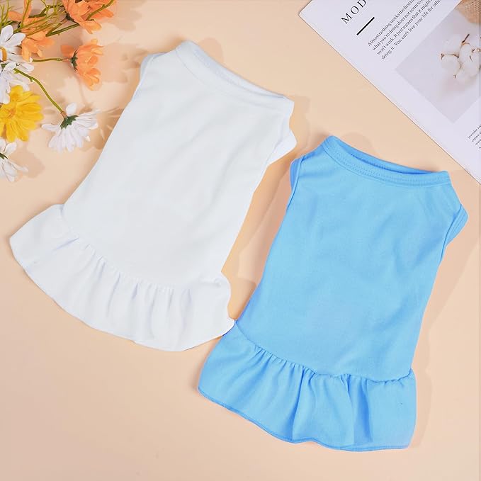 2 Pcs Dog Dresses Cat Skirt Solid Color Dog Clothes Summer Sleeveless Puppy Girl Clothes for Small Pet Dogs Cats (White,Blue, Medium)