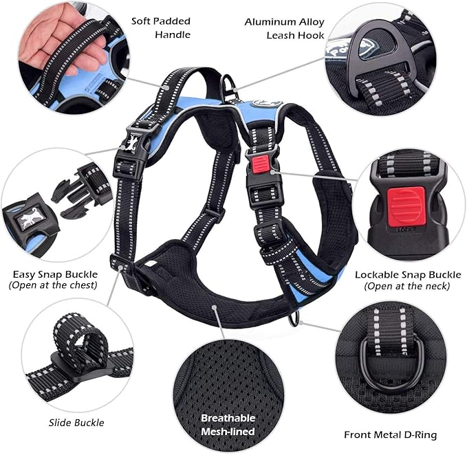 PoyPet No Pull Dog Harness, No Choke Front Clip Dog Reflective Harness, Adjustable Soft Padded Pet Vest with Easy Control Handle for Small to Large Dogs(Light Blue,L)