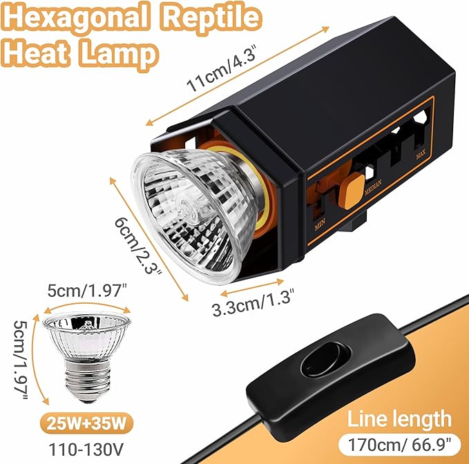 GOZILLA Reptile Hear Lamp,Turtle Lamp with 25W+35W UVA/UVB Turtle Light Bulb,Hexagonal Turtle Basking Spot Light Distance Adjustable, Reptiles Basking Light for Turtles,Lizard,Snake and Chameleon.