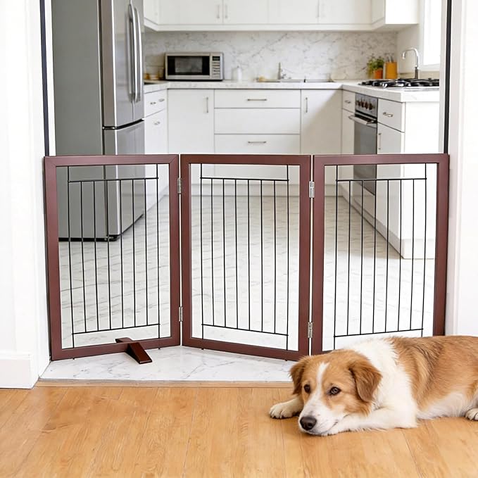ZJSF Freestanding Dog Gate Indoor, Foldable Dog Fence for Doorways,Hallways or Stairs, Sturdy Wood Extra Wide Pet Gate with Support Feet,Brown,32 "Height-3 Panels
