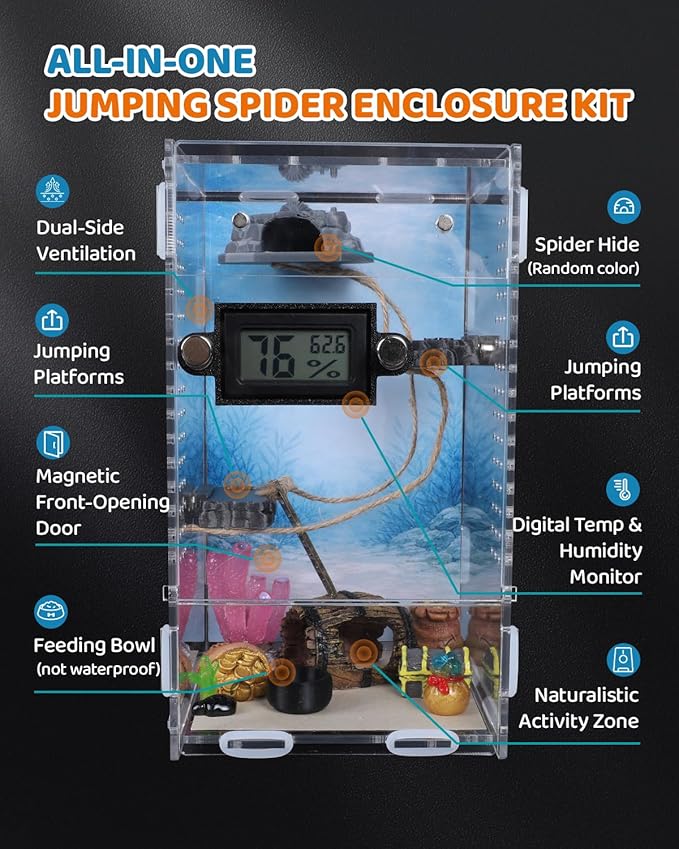 DIY Jumping Spider Enclosure,4.7"x4.7"x7.9" Escape-Proof Spider Terrarium,Small Invertebrate Acrylic Accessories Set,with Temperature and Humidity Detector,Platform,Hide,Tweezer,Feeding Bowl