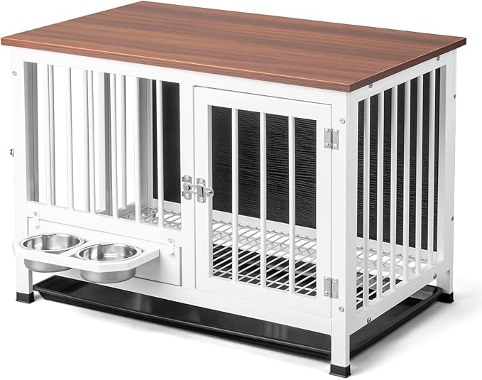 VINGLI Dog Crate Furniture, 32.5" Wooden Dog Kennel with 360° Swivel Feeder, Dog Cage Indoor for Small and Medium Dogs, Easy to Clean (Medium-32 inch White)