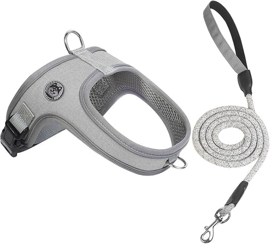 Dog Harness and Leash Set, No Pull Saddle Style Pet Harness, Breathable Mesh Adjustable Reflective Dog Vest for Dogs and Cat Medium Small Harness 2 D-Rings (Grey, L)