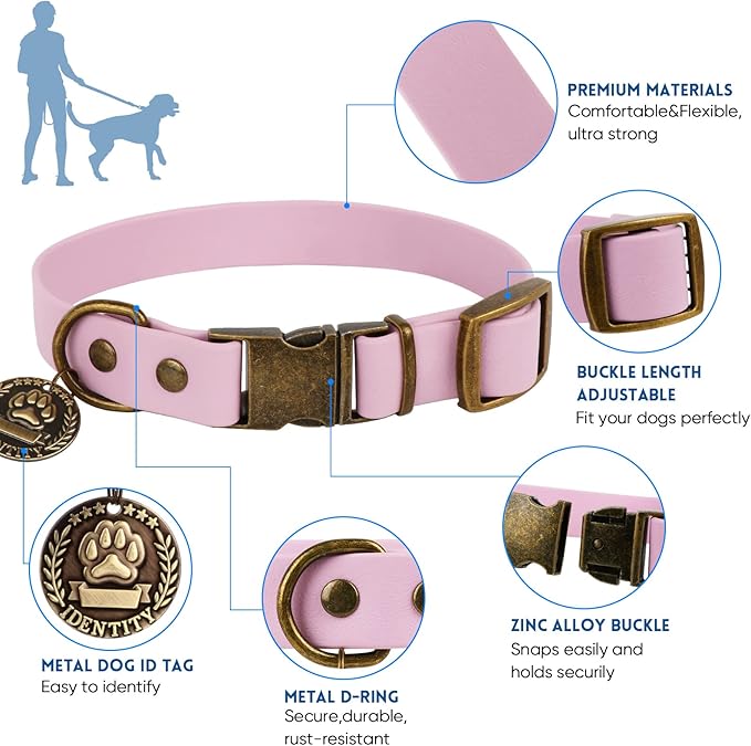 Wisedog Waterproof Dog Collar and Leash Set, Adjustable Puppy Collar with Cute Tag 5FT Dog Leash with Poop Bag for Small Medium Large Dogs (M, Pale Pinkish Purple)