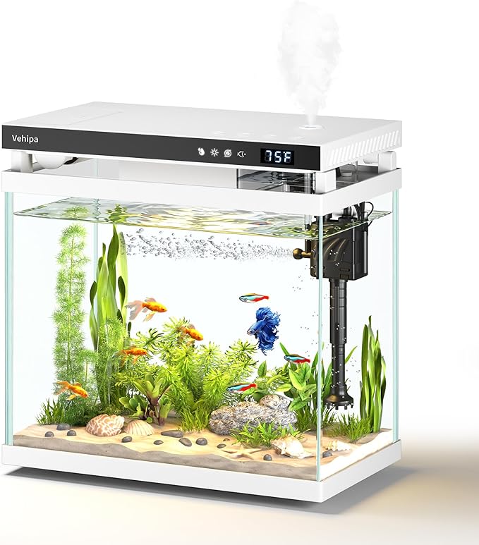 Fish Tank Aquarium, 2.2 Gallon Smart Fish Aquarium Kits with Auto Feeder, Silent Water Pump, Temperature Display, Smart Humidifier & 7-Color Lighting, for Office & Home - White