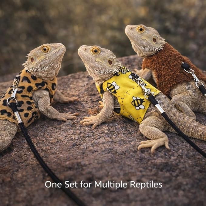 Reptile Harness and Leash Set, 3 Pack Adjustable Lizard Chest Harnesses with Leashes for Bearded Dragons and Small Reptiles