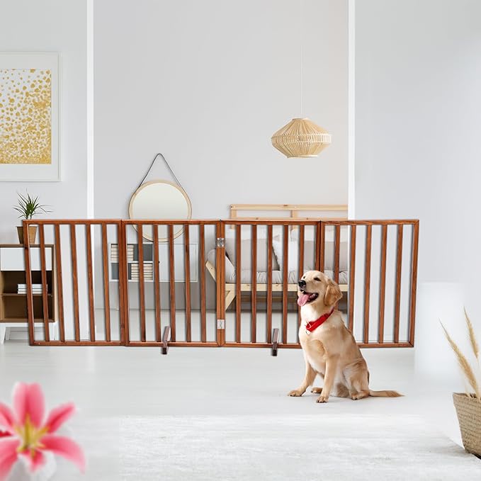 BONNLO Free Standing Dog Gate Indoor, Foldable Pet Gate for Dogs and Puppy, 24" Height Wooden Dog Gates for Doorways Extra Wide/Stairs/Hallways (Brown, 4 Panel)