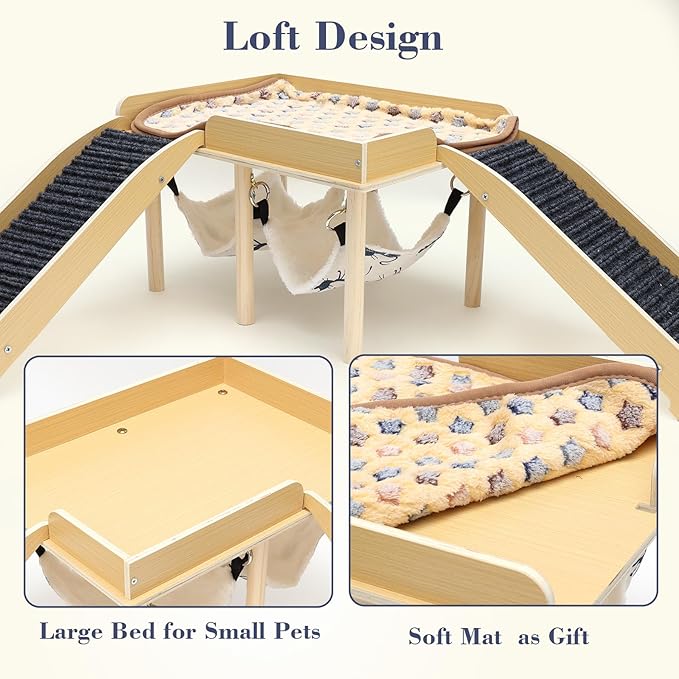 Guinea Pig Hideout Castle, Wooden Chinchilla House with 2 Stairs and Hammock, Small Animals Habitats Hut Accessories for Hamsters Bunny Rabbit Hedgehog Playing Hiding, Easy Assembly