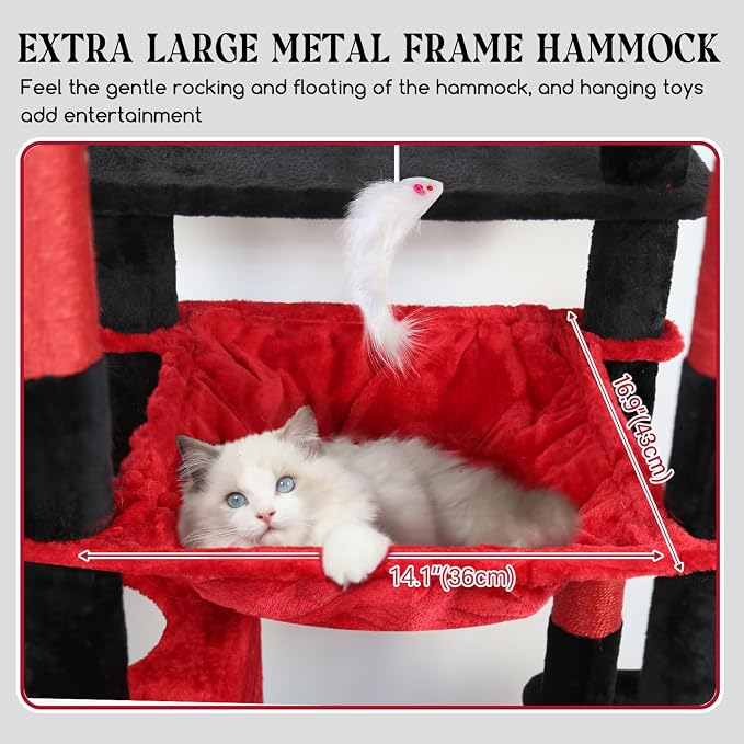 Globlazer Gothic Heavy Duty Cat Tree, 70in Tall Sturdy Goth Cat Tree for Indoor Cats Extra Large Cat Tower with Scratching Post, Cat Condos for Adult Cats Kittens, Hammock, Perch, F70 Pro, Red Black - Image 4