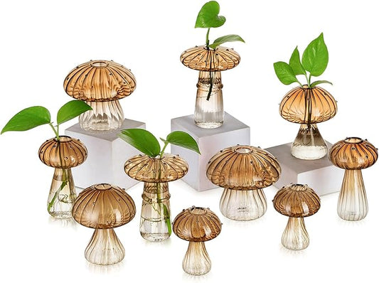 Glasseam Mushroom Plant Propagation Stations: Amber Glass Terrarium Jar Set of 10 Cute Planters for Indoor Plants Mini Propagate Station Unique Christmas Birthday Gifts for Women Home Office Decor