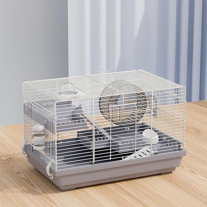 Small Hamster Cage Starter Kit 19”Lx12”Wx12”H for Dwarf Hamster & Robo Hamster with Multilevel Platforms, 2 Tube Ports, Exercise Wheel, Ladders, Water Bottle, Food Bowl, Gray