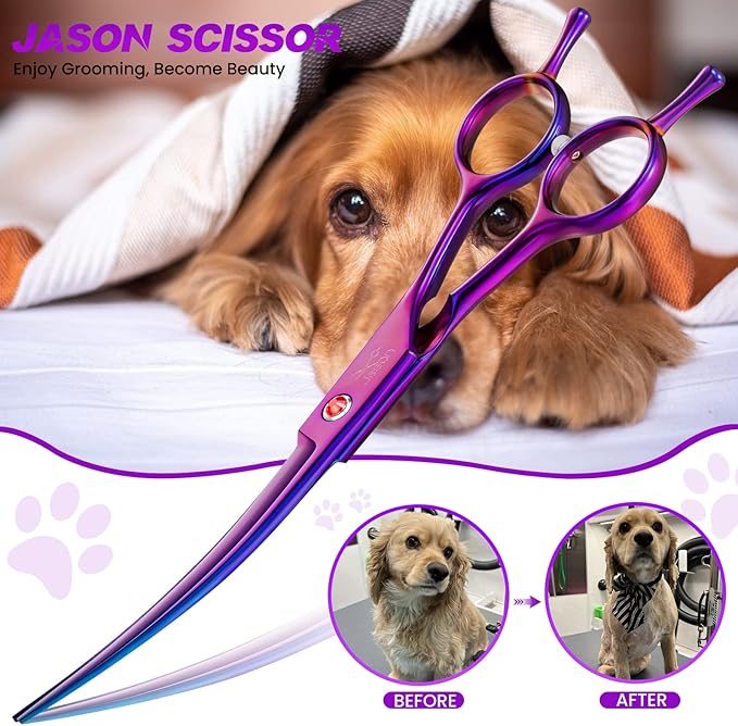 JASON Curved Shears for Dogs - 7" Pet Grooming Scissors with Ergonomic Handle Japanese Stainless Steel Trimming Scissor for Dogs, Cats and Other Pets, Sharp (Up-Curved, Purple) Christmas Gift