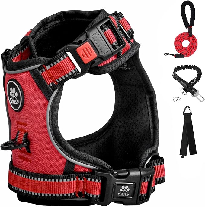 FURRYFECTION Plaid Dog Harness for Medium Dogs, Reflective No Pull Adjustable Pet Vest with Front Clip, Leash, Easy Control Handle and Seat Belt, Red, M