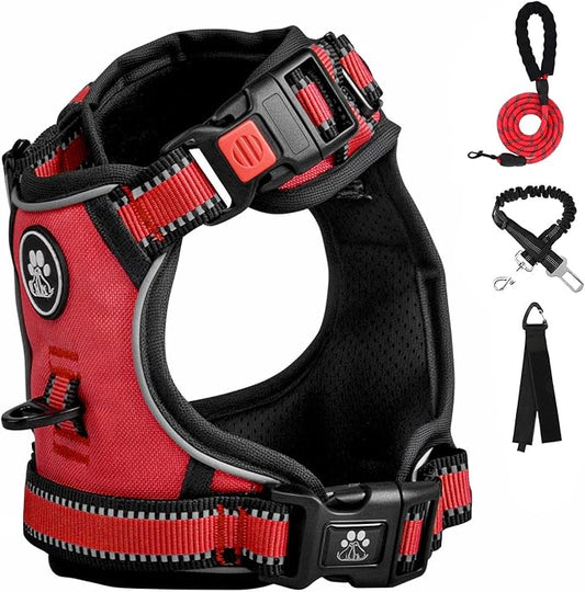 FURRYFECTION Plaid Dog Harness for Large Dogs, Reflective No Pull Adjustable Pet Vest with Front Clip, Leash, Easy Control Handle and Seat Belt, Red, L