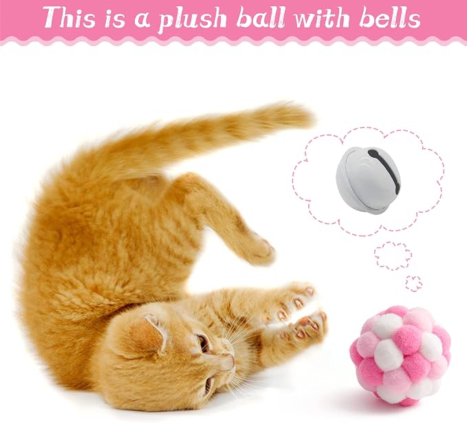 MALLMALL6 10Pcs Cat Toy Set Interactive Cat Toys Pack Including Feather Teaser Wand Cat Springs Mice Crinkle Balls and Pet Bell Balls, Puzzle Toys for Indoor Cats Gift (Pink) - Image 3