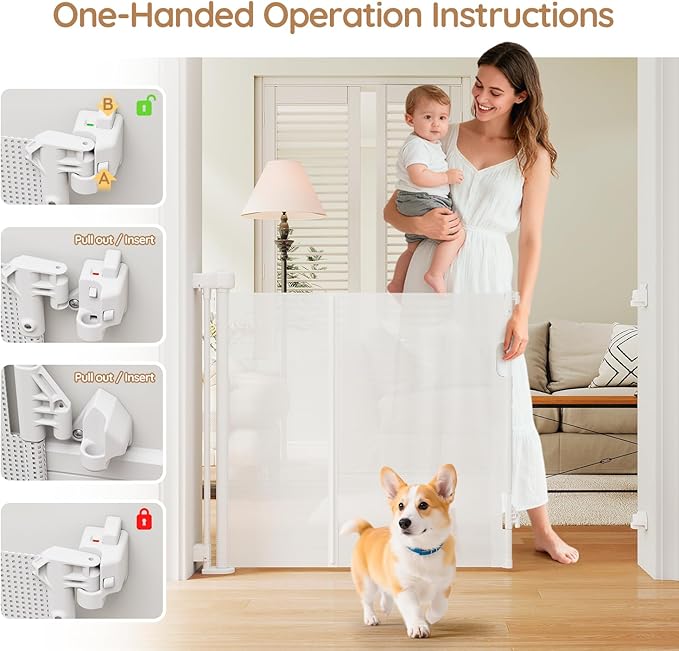 Miumoon One-Hand Operation Retractable Baby Gates, 120 inch Retractable Gate with Reinforced Strip Design to Prevent Crawling Through, 10 FT Extra Wide Retractable Dog Gate for Indoor/Outdoor