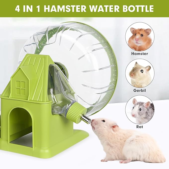 Hamster Toys 4 in 1 Multifunctional Super-Silent Exercise Toys Spinner Wheels with Water Bottle Food Container and Hideout Base Large Spinning Running Wheel for Rat Gerbils Mice (L,Green)