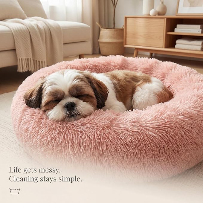 Calming Donut Dogs Beds for Small Dogs Washable,23inch Plush Round Pet Bed for Cozy Sleep,Fluffy Faux Fur Large Cat Bed,Fits up to 25 lbs Pets,Pink