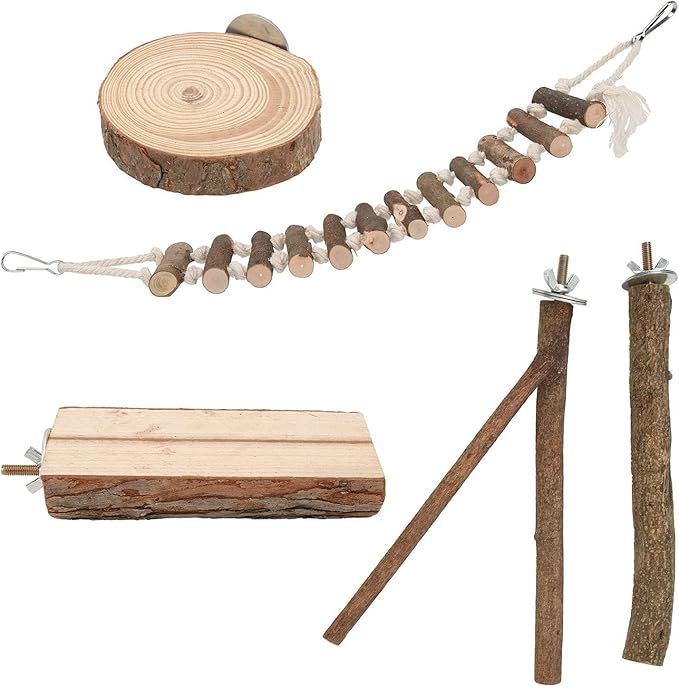 5 Piece Bird Perch Set,Wooden Bird Perches Set with Standing Grinding terrace and Swing - Secure Bird Cage Accessories