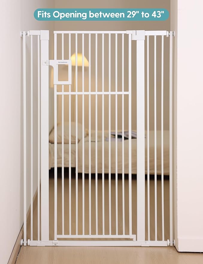 No Pawblems 55" Extra Tall Pet Gate for Cat, 29-43" Auto Close Cat Gate for Doorways/Stairs/Hallways, NO Drilling Pressure Mounted Tall Dog Gate Indoor, 1.37" Pet-Safe Gap, White