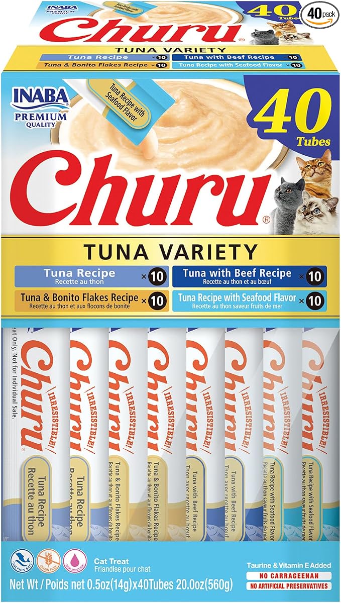 INABA Churu Cat Treats, Lickable, Squeezable Creamy Purée Cat Treat with Green Tea Extract & Taurine, 0.5 Ounces Each Tube, 40 Tubes, Tuna Variety Box by INABA
