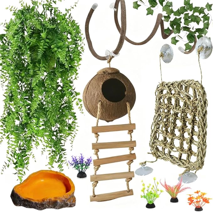 Leopard Gecko Tank Accessories. Reptile Hammock Vines Plants with Coconut Shell Ladder Hideout Hermit Crab Decor for Bearded Dragon Lizard Chameleon Crested Gecko Tortoise Snake(10PCS with Water Dish)