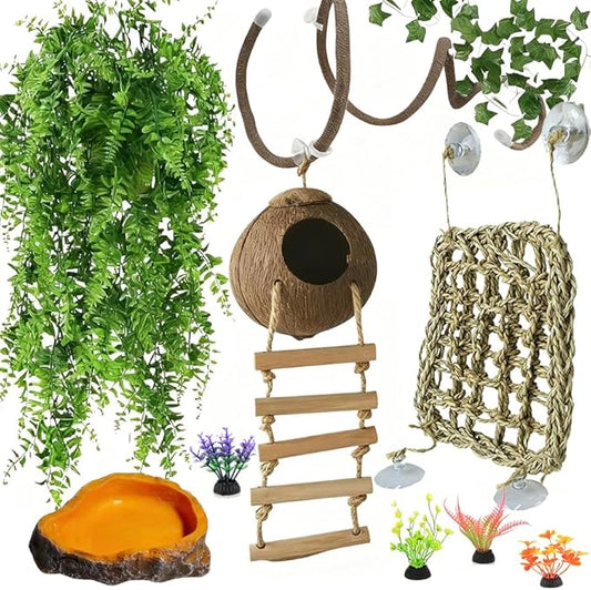 Leopard Gecko Tank Accessories. Reptile Hammock Vines Plants with Coconut Shell Ladder Hideout Hermit Crab Decor for Bearded Dragon Lizard Chameleon Crested Gecko Tortoise Snake(10PCS with Water Dish)