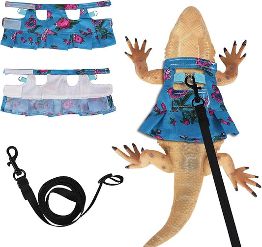 Bearded Dragon Harness and Leash Skirts Set Adjustable Reptile Lizard Leash Rope Dresses Clothes Starter Kit Accessories for Small Animal Outdoor Walking Training (Blue)