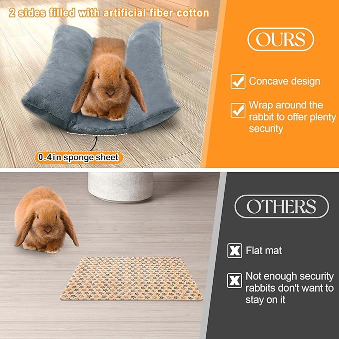 MEWTOGO 15.7" x 14" Bunny Bed for Rabbit Cage - Thickened Soft Prevent Sore Hocks Plush Mat with Cotton Lounger Pillows, Small Animal Flop Mat for Hutch Sleeping Indoor, Gray